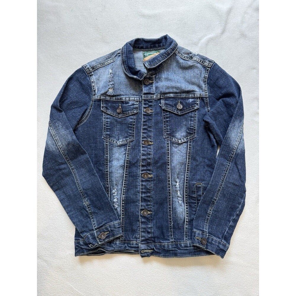 Men’s Denim Trucker Jacket Dark Indigo Distressed Slim Medium Fits Like Small